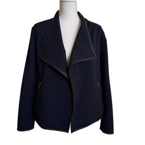 Calvin Klein Sweater Moto Jacket Size XL Blue Knit Black Trim Textured Pockets